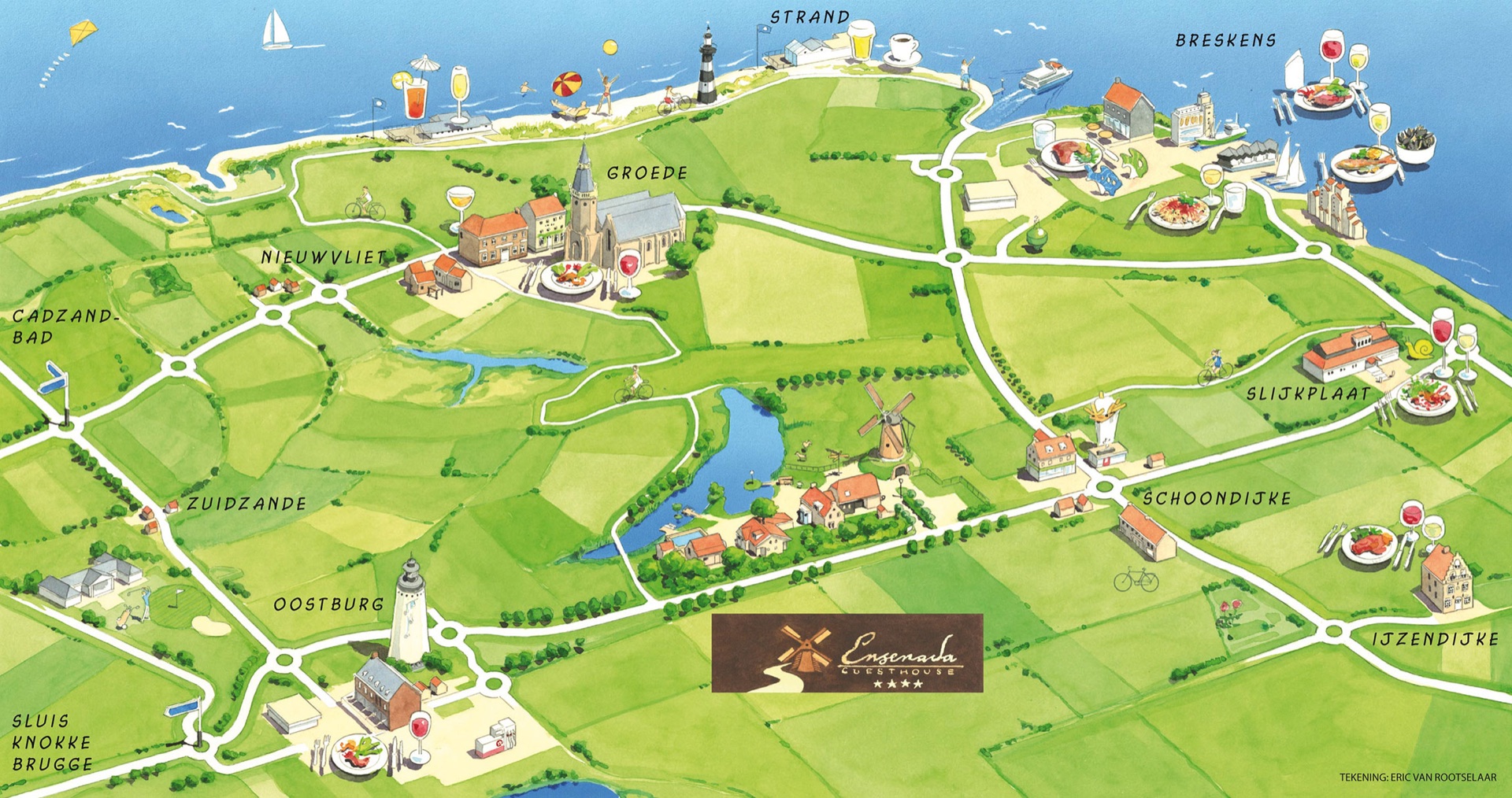 Illustrated map of Zeelandic Flanders with Guesthouse Ensenada at its centre